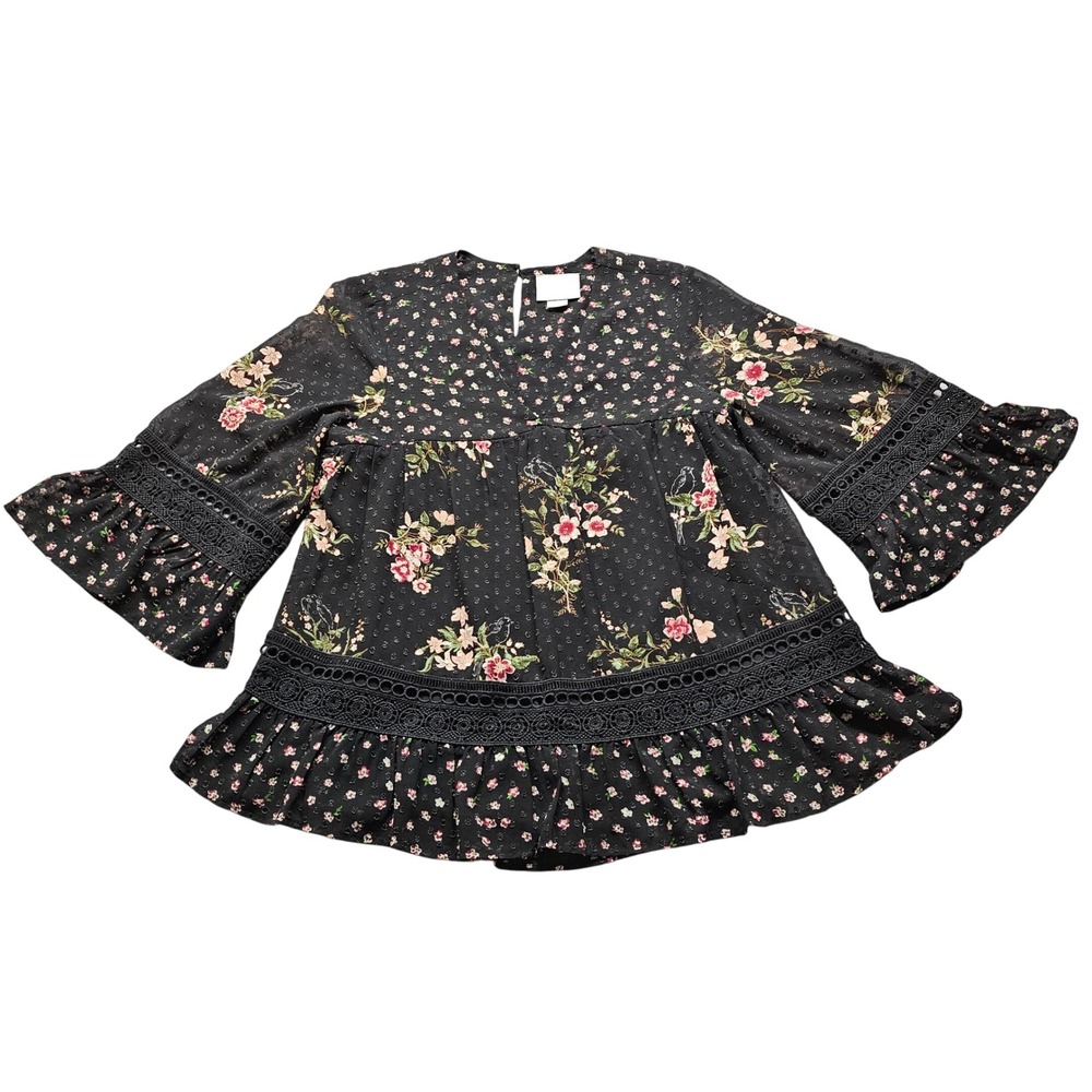 Maeve Anthropologie Blouse Women XS Black Floral Swiss Dot Crochet Peplum Top